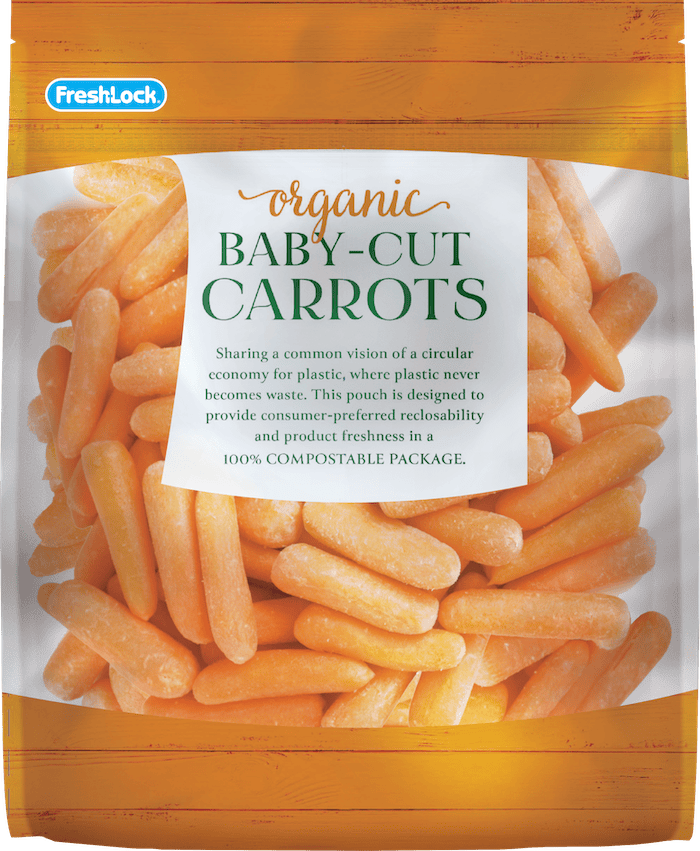 commercially compostable package of carrots